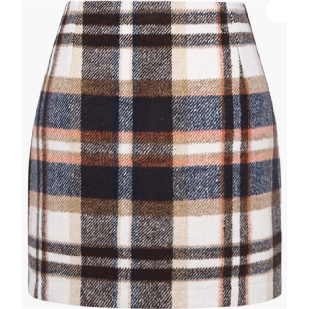 Brown Multi Plaid Printed Knit High Waist Fitted Pencil Bodycon Mini Skirt - Picture 6 of 7